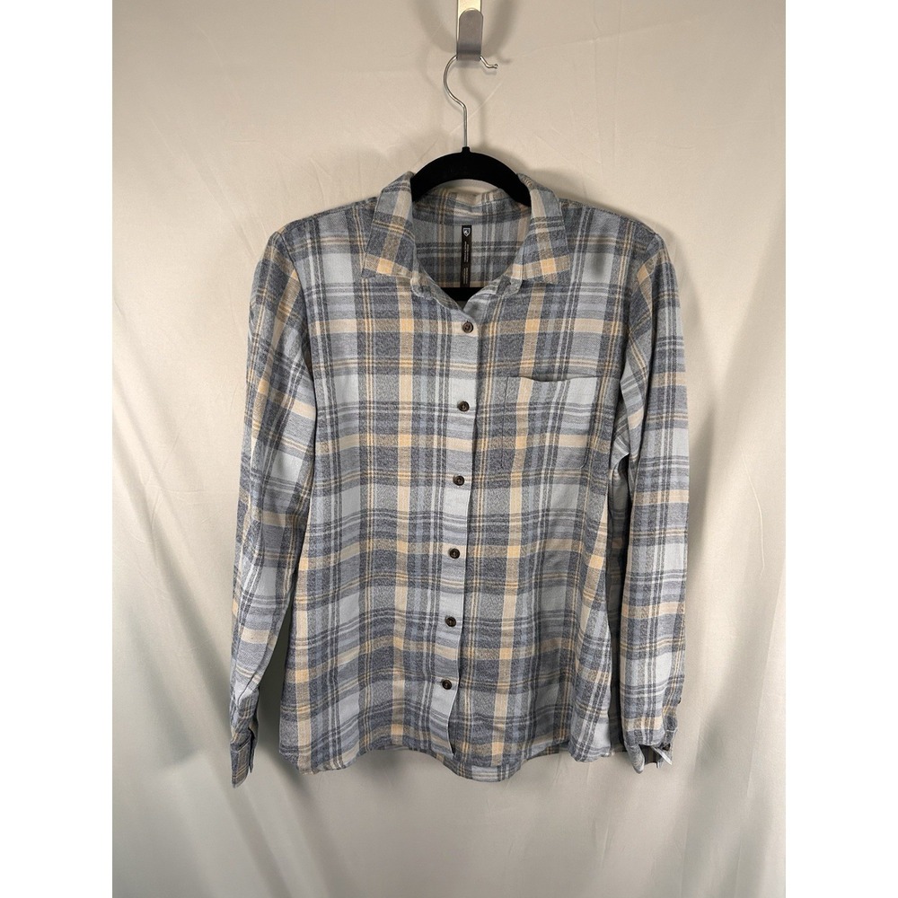 KUHL Whisper Flannel Medium Winter Sky Blue Plaid Button Up Long Sleeve Soft